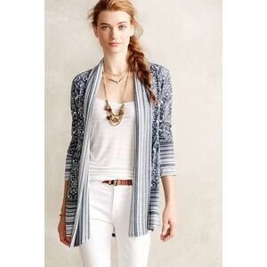 Anthropologie One September Pocono Cardigan Women M Navy White Damask Open Front